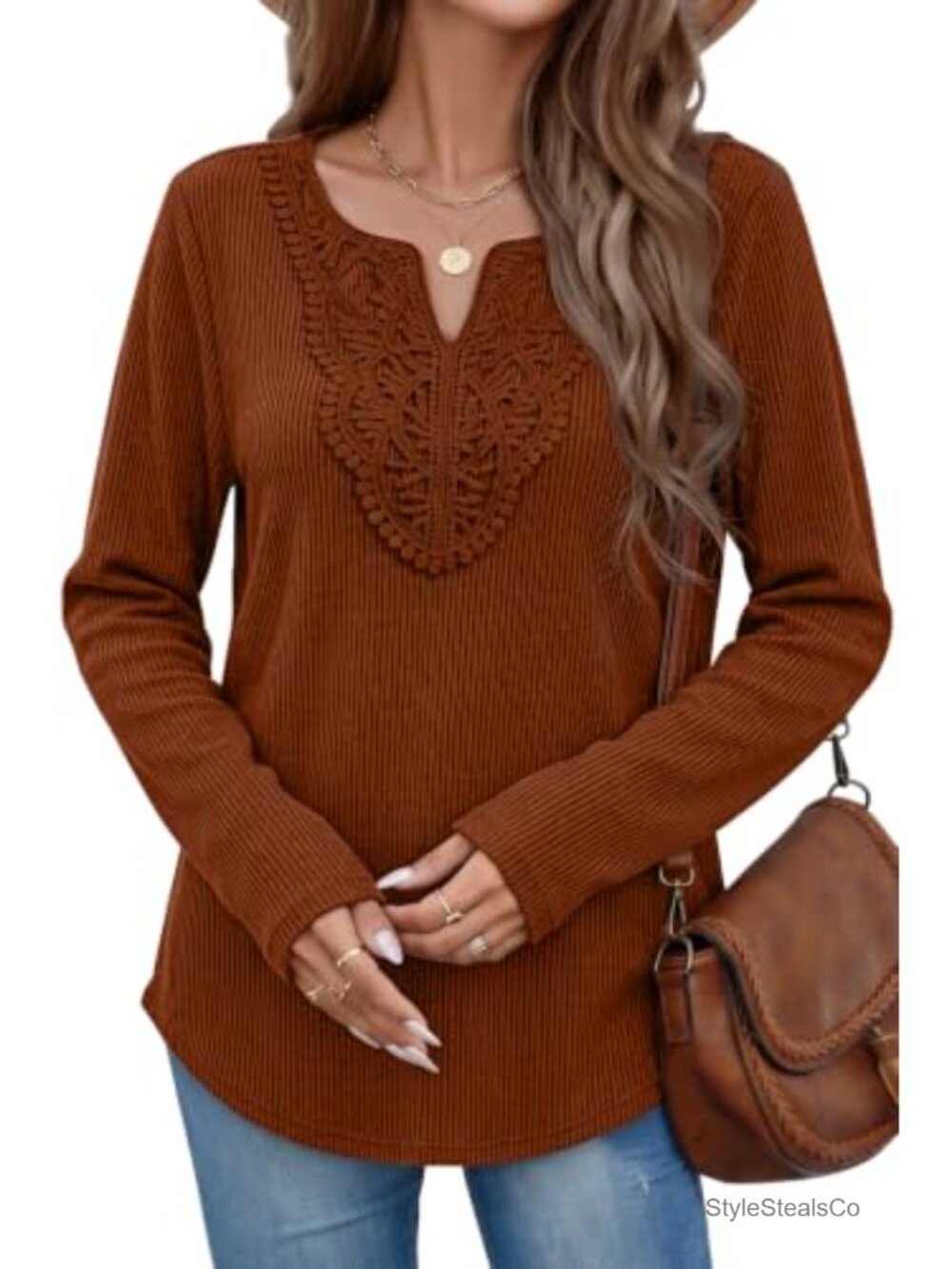 Womens Ribbed Knit Long Sleeve V-Neck Lace Trim Tunic Top Fall Winter
